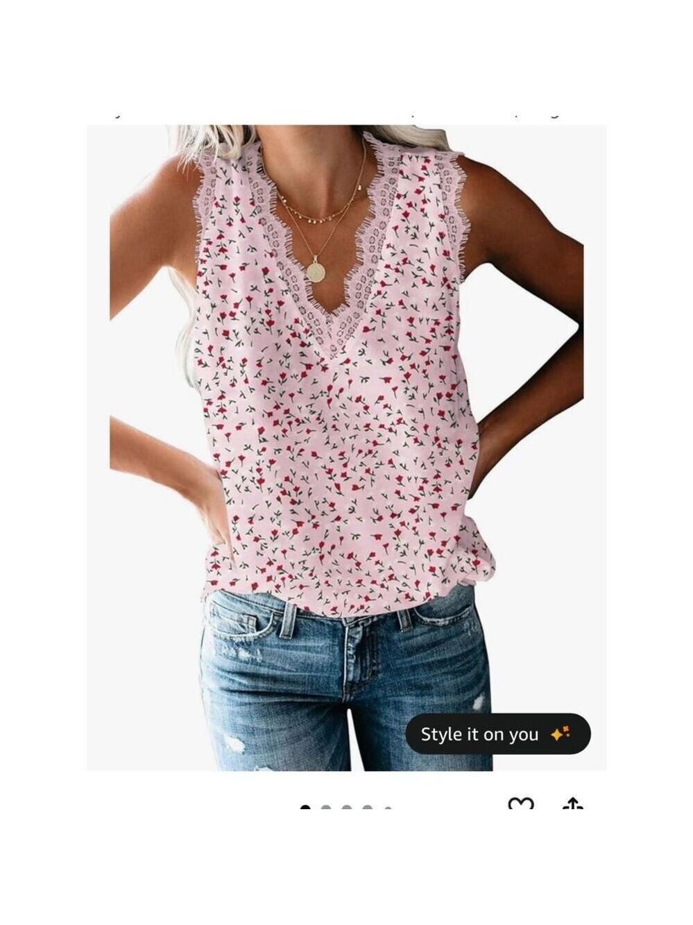 VIISHOW Pink Floral Lace V-Neck Tank Top Large